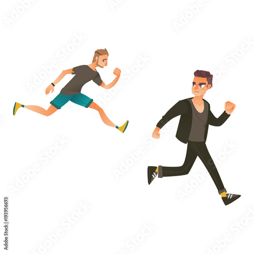 Vector cartoon ranaway people set. Sportive man sprinting, young male character running with afraid face looking back. Isolated illustration on a white background