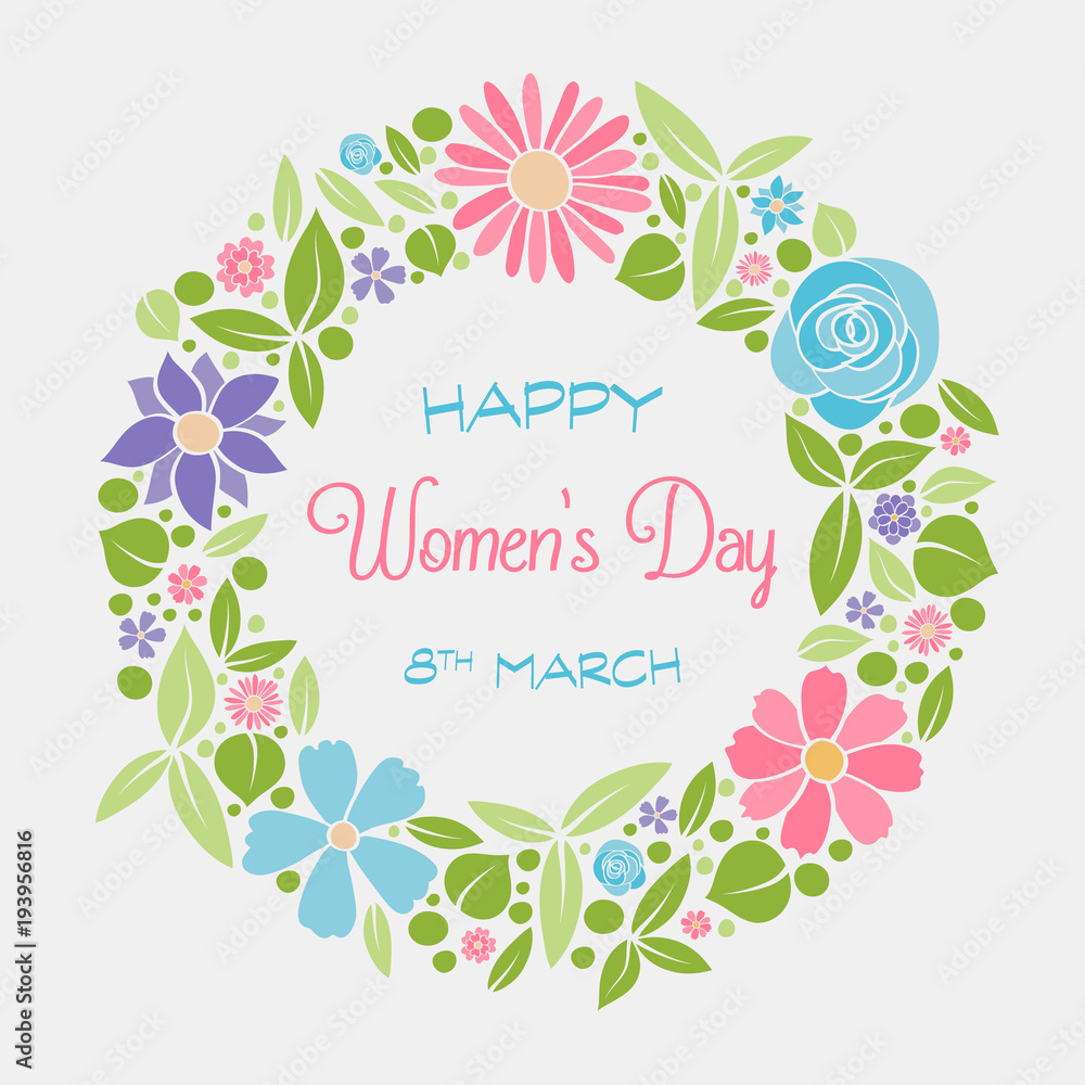 Cute card for Women's Day with cartoon flowers. Vector.