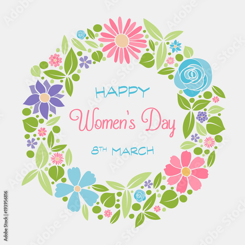Cute card for Women s Day with cartoon flowers. Vector.
