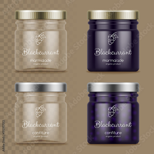 Glass jars with marmalade and confiture. Empty glass jars on transparent background. Vector illustration