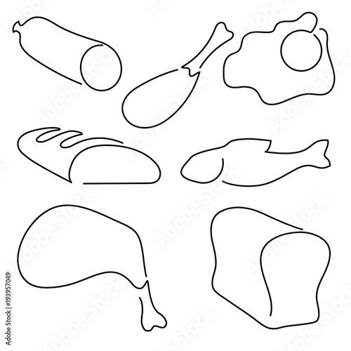 Set of continuous line food art - meat, fish, egg, bread