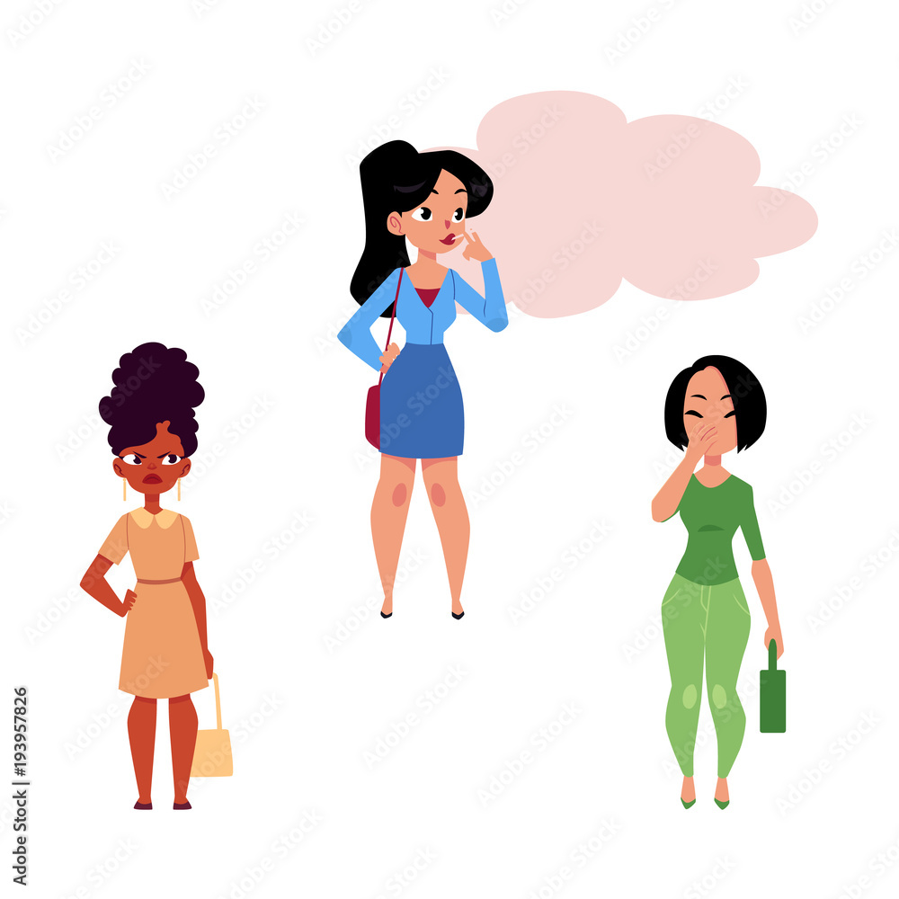 Vector flat adult woman, girl smoking in office clothing, female characters pinching nose, angry expression. Nicotine addiction tobacco smoking risk concept. Isolated illustration white background