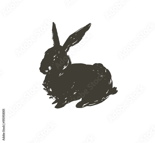 Hand drawn vector abstract sketch graphic scandinavian ink freehand textured black sihouette Happy Easter cute simple bunny illustrations greeting design element isolated on white background