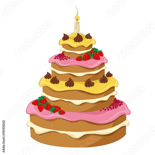 Cake illustration with cream, fruit and candle. Vector cartoon illustration isolated on white for birthday and celebration