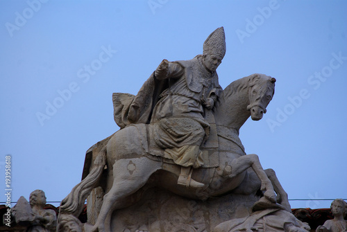 Equestrian statue of Saint Isidore of Seville dressed as Santiago Matamoros on the facade of Basilica of San Isidoro in León, Spain. photo