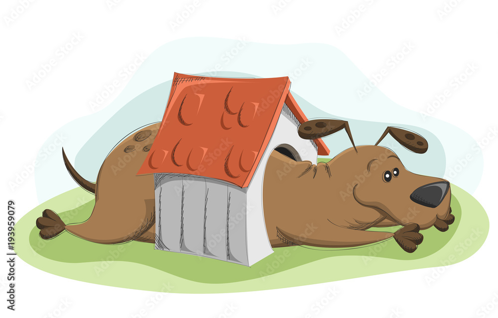 Fat cartoon dog sticking out of his small white house. Vector illustration isolated on white Stock Vector | Adobe Stock Fat cartoon dog sticking out of his small white house. Vector illustration isolated on white Stock Vector | Adobe Stock