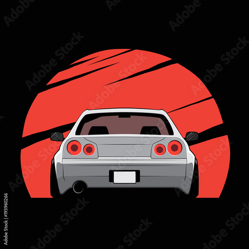 Cartoon japan tuned car on red sun background. Back view. Vector illustration
