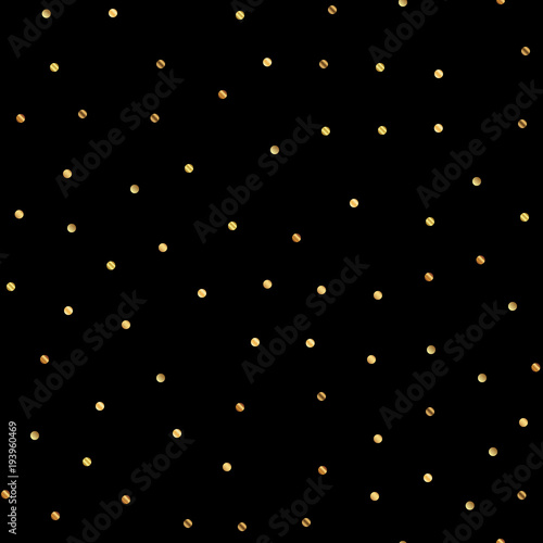 Golden dots seamless pattern on black background. Delightful gradient golden dots endless random scattered confetti on black background. Confetti fall chaotic decor. Modern creative pattern.