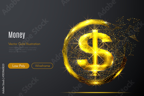 Abstract image of a gold dollar in the form of a starry sky or space, consisting of points, lines, and shapes in the form of planets, stars and the universe. Vector rich life concept.