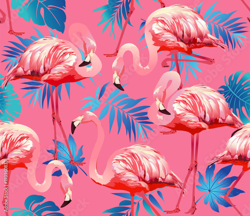 Flamingo Bird and Tropical Flowers Background - Seamless pattern vector © Angelina Bambina