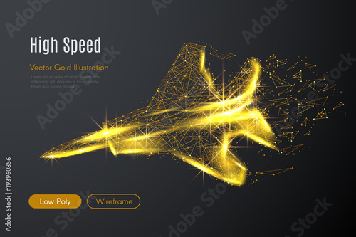 Abstract image of a gold fighter jet in the form of a starry sky or space, consisting of points, lines, and shapes in the form of planets, stars and the universe. Vector high speed wireframe concept.
