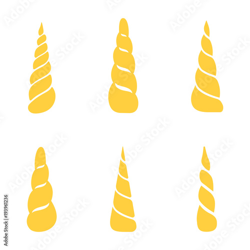 Collection of unicorn horns isolated on white background. Vector