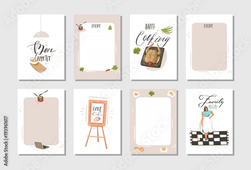 Hand drawn vector abstract modern cartoon cooking studio illustrations cards templete collection set with people,food,vegetables and handwritten calligraphy isolated on white background