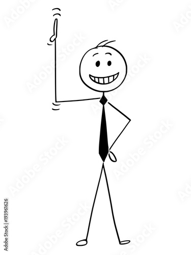 Cartoon stick man drawing conceptual illustration of smiling businessman pointing his hand or thumb up.