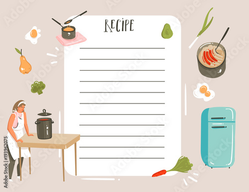 Hand drawn vector abstract modern cartoon cooking studio illustrations recipe card planner templete with woman,food,vegetables and handwritten calligraphy isolated on white background