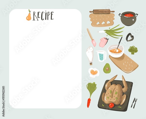Hand drawn vector abstract modern cartoon cooking studio illustrations recipe card planner templete with food icons,vegetables and handwritten calligraphy isolated on white background