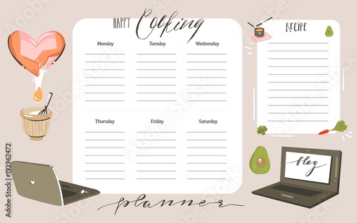 Hand drawn vector abstract modern cartoon cooking studio class illustrations weekly cooking planner and recipe card templete with handwritten calligraphy quotes isolated on white background
