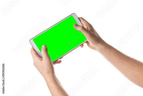 Male hand hold white tablet. Isolated screen with chroma key and all isolated on white background.