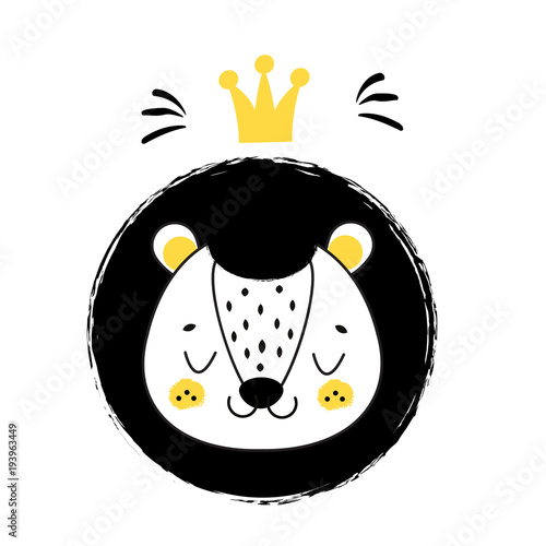 Cute lion face. Hand drawn lion with crown in scandinavian style. For kids, children and baby fashion prints and design. Nursery decoration. Isolated clip art
