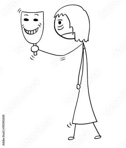 Cartoon stick man drawing conceptual illustration of sad or tired woman or businesswoman holding and showing happy smiling theater mask. Business concept of pretense and insisted false enthusiasm.