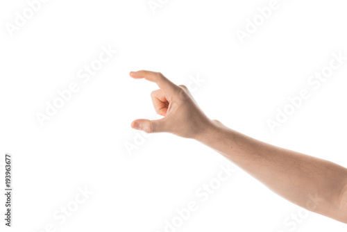Man hand hold, grab or catch some object, hand gesture. Isolated on white background.