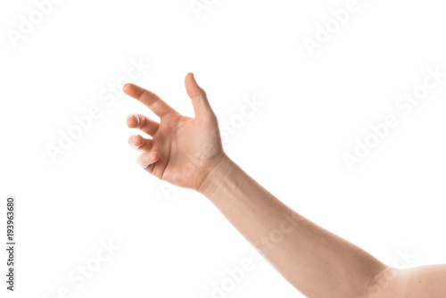 Man hand hold, grab or catch some object, hand gesture. Isolated on white background.