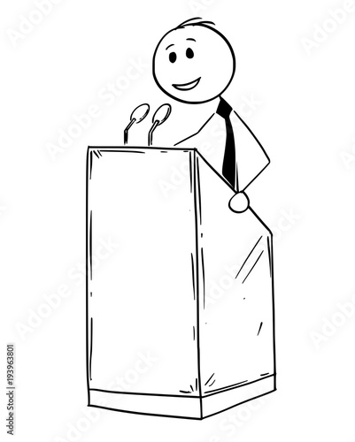 Cartoon stick man drawing conceptual illustration of businessman or business speaker or orator making speech or talking to public on podium behind lectern.