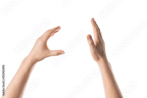 Man hand hold, grab or catch some object, hand gesture. Isolated on white background.