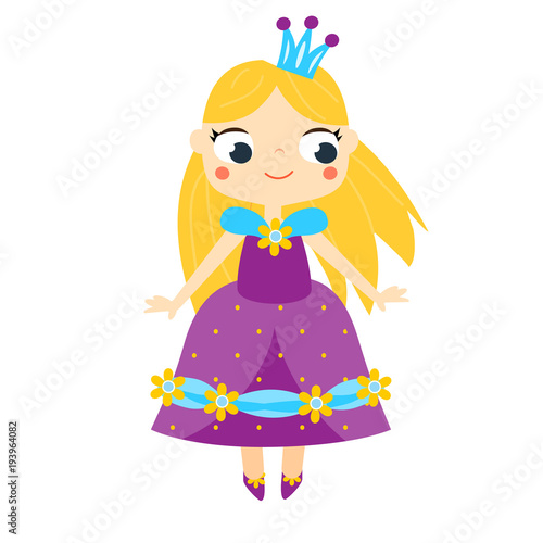 Cute princess in long violet dress and crown. Girl in queen costume. Cartoon style vector illustration