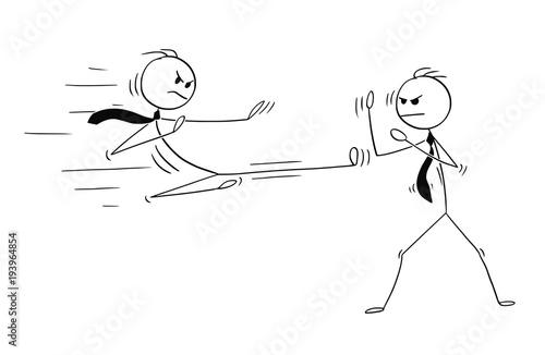 Cartoon stick man drawing conceptual illustration of two businessmen kung fu or karate fighting. Business concept of competition and rivalry.