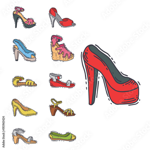 Set of womens shoes flat design vector hand drawn style of leather colored moccasins heel shoe illustration.