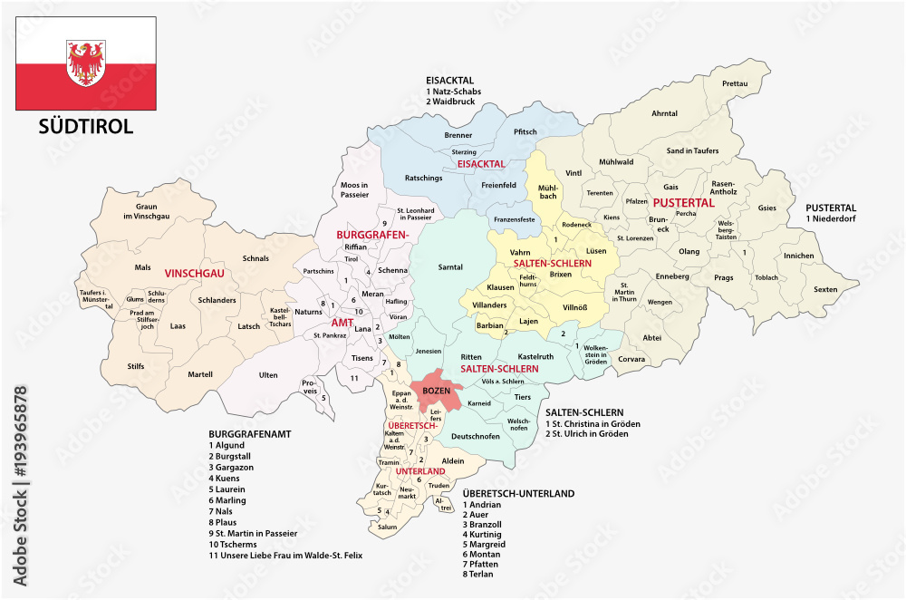 Obraz premium Administrative and political map of the Italian province of South Tyrol in German language with flag