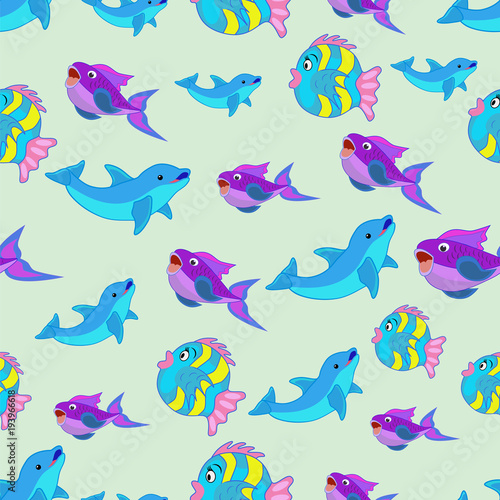 Seamless pattern. Fish and dolphins