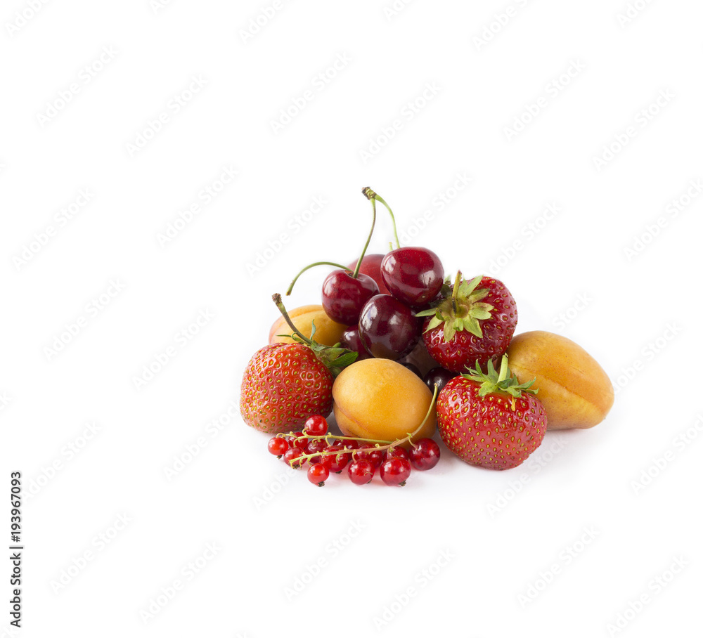 Mix berries and fruits isolated on white. Berries and fruits with copy space for text. Ripe strawberries, currants, cherries, apricots isolated on white background. Mix berries and fruits isolated on white. Berries and fruits with copy space for text. Ripe strawberries, currants, cherries, apricots isolated on white background.