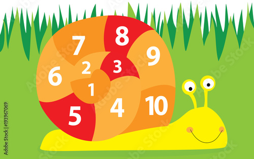 Happy, cute cartoon snail / numbers 1-10 / the green grass background 