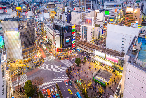 Shibuya, Tokyo, Japan cityscape over the scramble crosswalk.