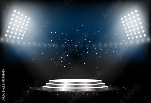 Round podium. Empty pedestal for award ceremony. Platform illuminated by spotlights. Vector illustration.