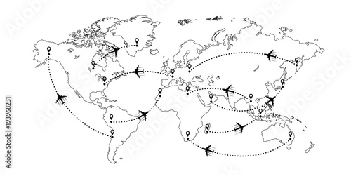 World map and planes