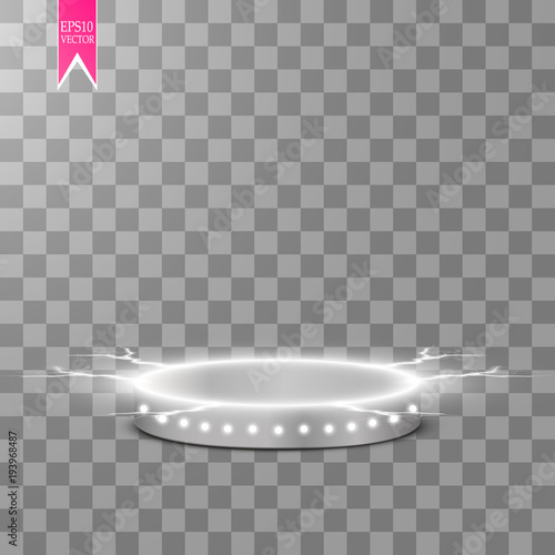 Vector white transparent energy spotlight scene with lightning background. Abstract light effect power modern design