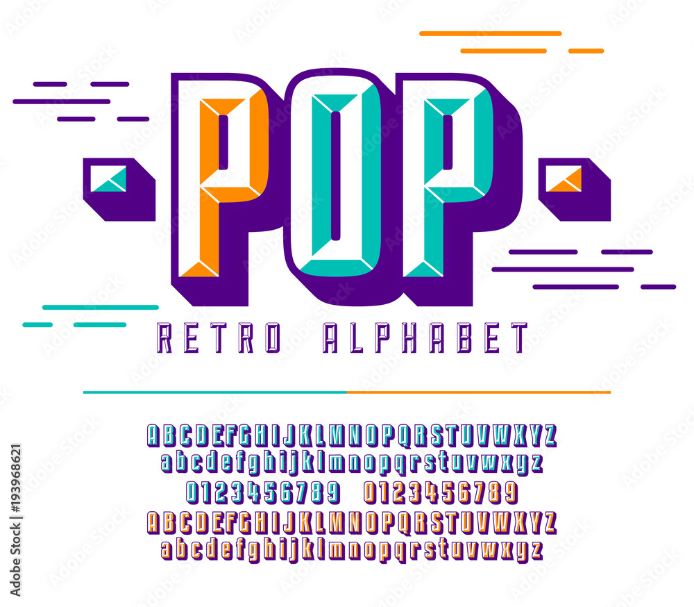 Plakat Stylowa kolorowa stylizowana czcionka retro pop i alfabet z liczbami, wielkie i wielkie litery.