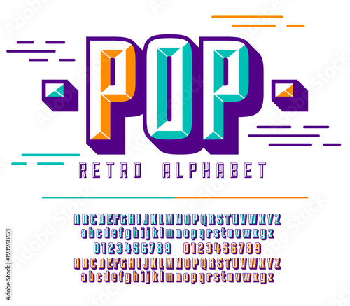 Stylish colorful stylized retro pop font and alphabet with numbers, upper and uppercase letters.