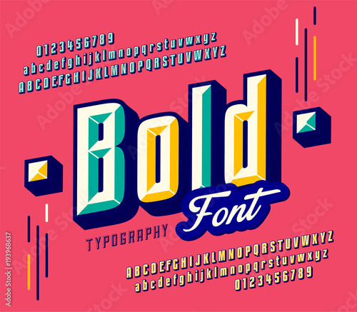 Stylish colorful stylized retro italic font and alphabet with numbers, upper and uppercase letters.