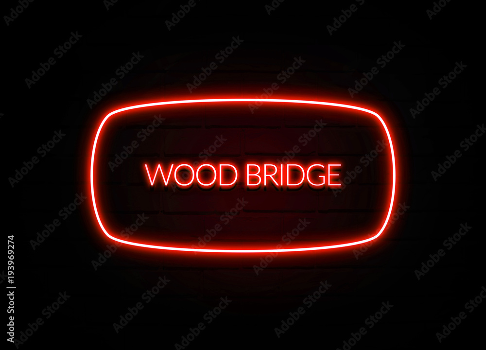 Wood Bridge neon sign on brick wall background. Wood Bridge neon sign on brick wall background.