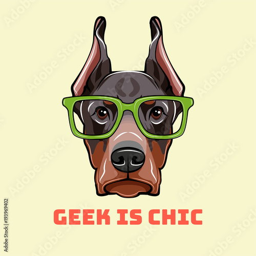 Doberman Pinscher Face in a geek glasses. Smart vector illustration isolated