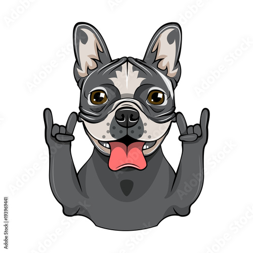 Cartoon Bull Dog giving gesture horns. Vector illustration isolated on white © khabarushka