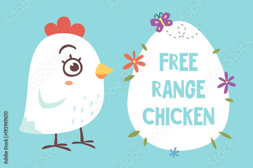vector cartoon style free range chicken illustration on a blue background