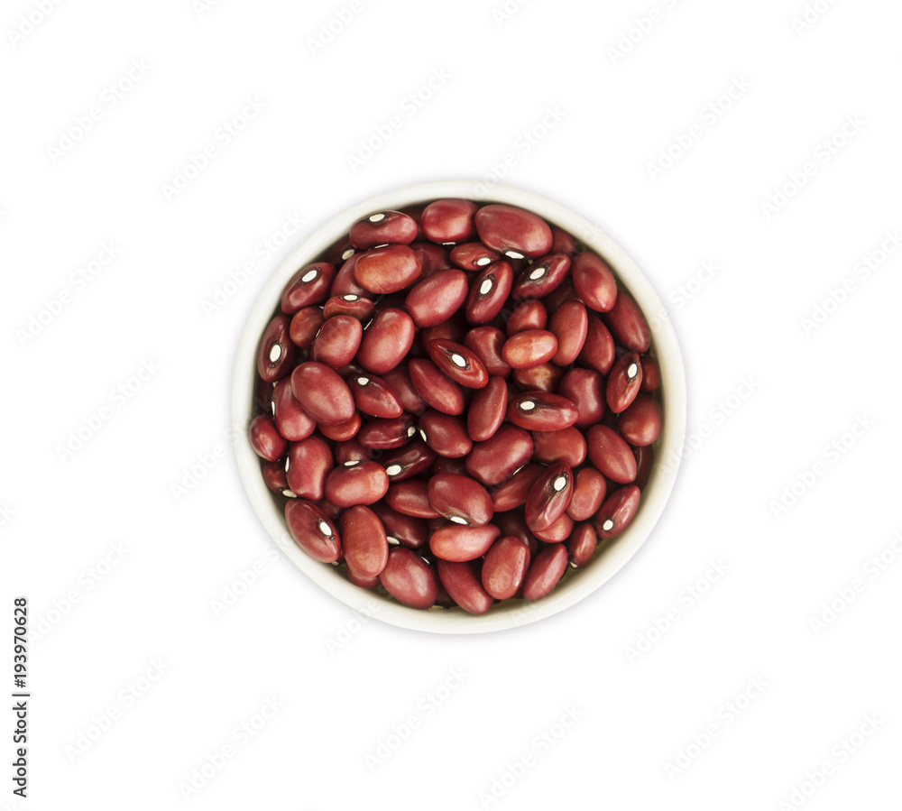 Kidney beans isolated on white background. Top view. Red kidney beans in a bowl isolated on white background. Kidney beans with copy space for text. Kidney beans isolated on white background. Top view. Red kidney beans in a bowl isolated on white background. Kidney beans with copy space for text.