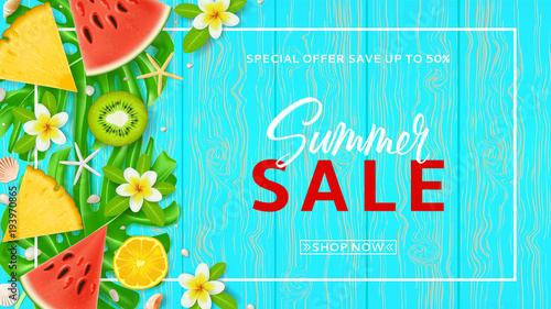 Promo web banner template for summer sale. Top view on Summer composition with tropical fruit and plumeria flowers on wooden texture. Vector illustration with special discount offer.