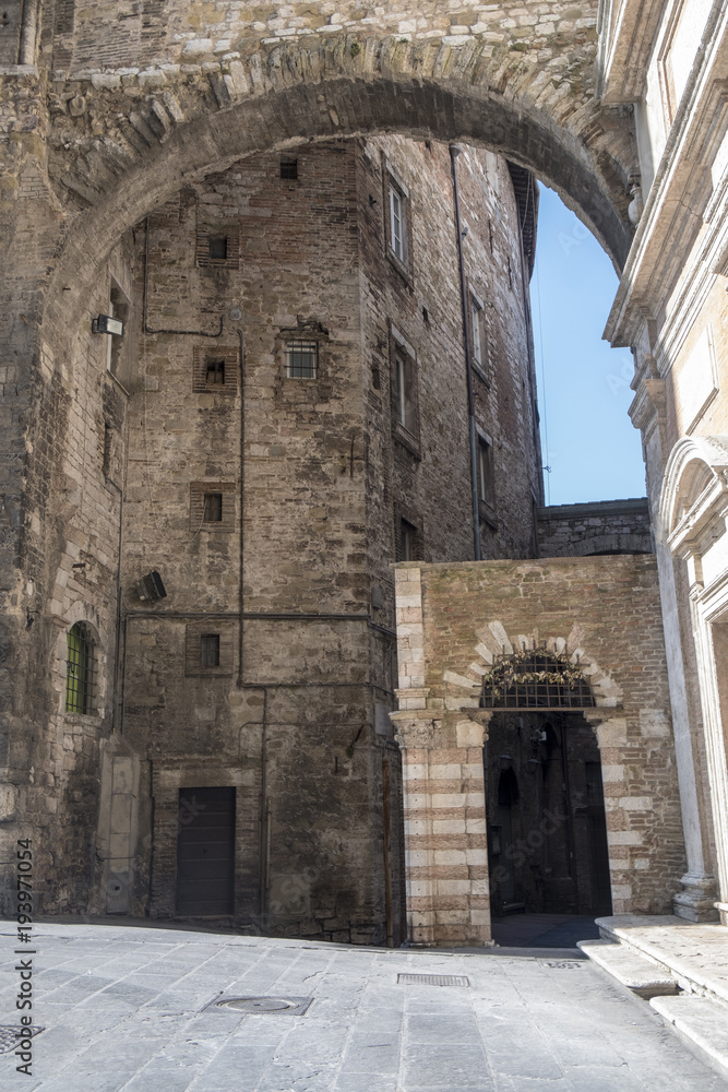Historic buildings of Perugia, Umbria, Italy, at morning. Typical street