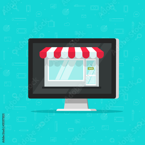 Online shop on computer vector illustration, e-commerce store, internet shop isolated, flat cartoon laptop as ecommerce on-line store facade building on screen, digital showcase on pc